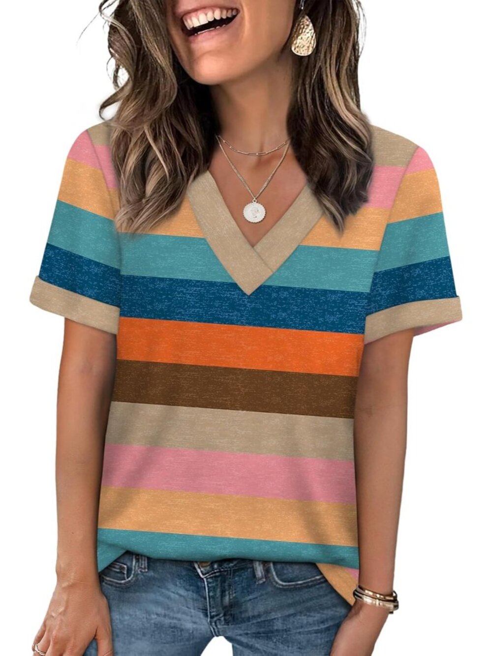 🆕Women's Stripe Summer Tops Short Sleeve Basic Casual V Neck T Shirts Trendy